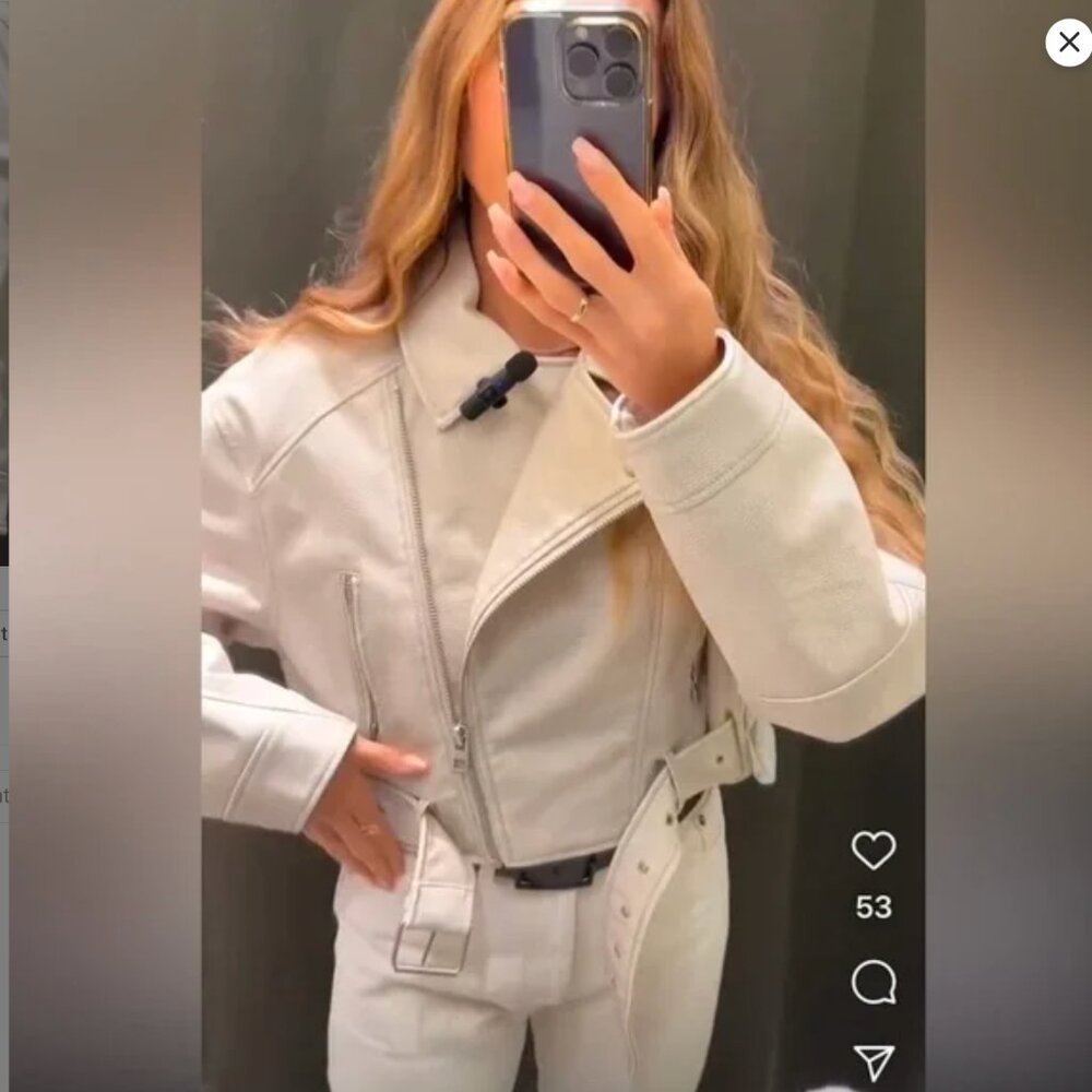 GUC Zara woman viral faux leather cropped biker jacket cream off white S